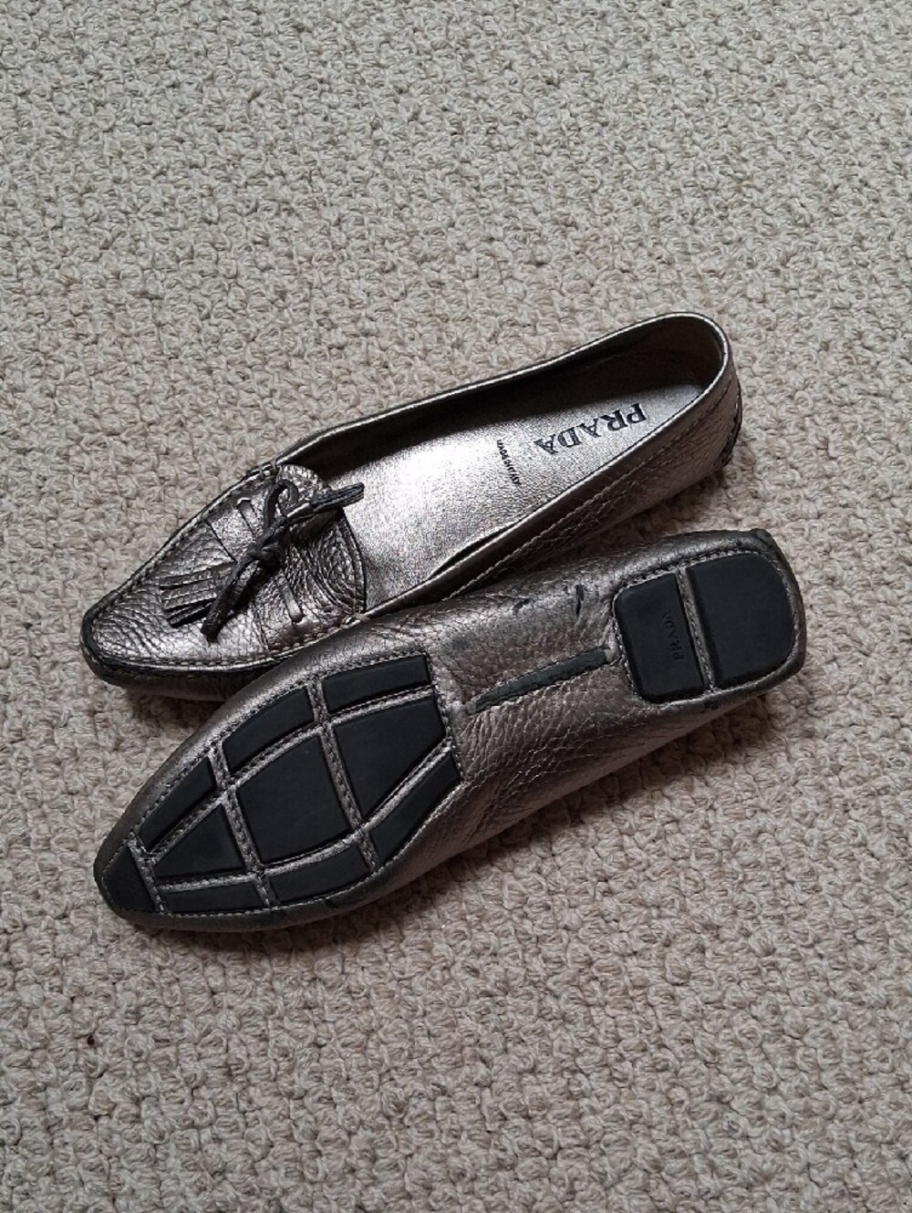 Prada Metallic Pewter Leather Tassel Loafers - Women's - Picture 2 of 2